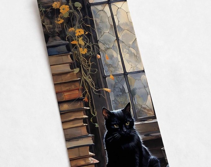 Black Cat with Pumpkins Metal Bookmark with Tassel — Cat Aluminum Bookmark, Book Lover Gift, Cat Mom Gift, Stocking Stuffer