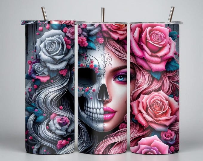 20 oz Skinny Tumbler | Skull Beauty Rose, Gothic Cup with Lid & Straw