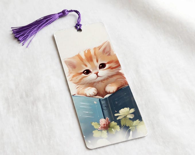 Kitten Reading a Book Metal Bookmark with Tassel — Cat Aluminum Bookmark, Book Lover Gift, Cat Mom Gift, Stocking Stuffer