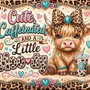 May include: A graphic illustration featuring a fluffy Highland cow with a leopard print bow, wearing turquoise jewellery. The text reads "Cute, Caffeinated, and a Little Moo-dy." The background is cream with leopard print borders and pink and turquoise hearts.