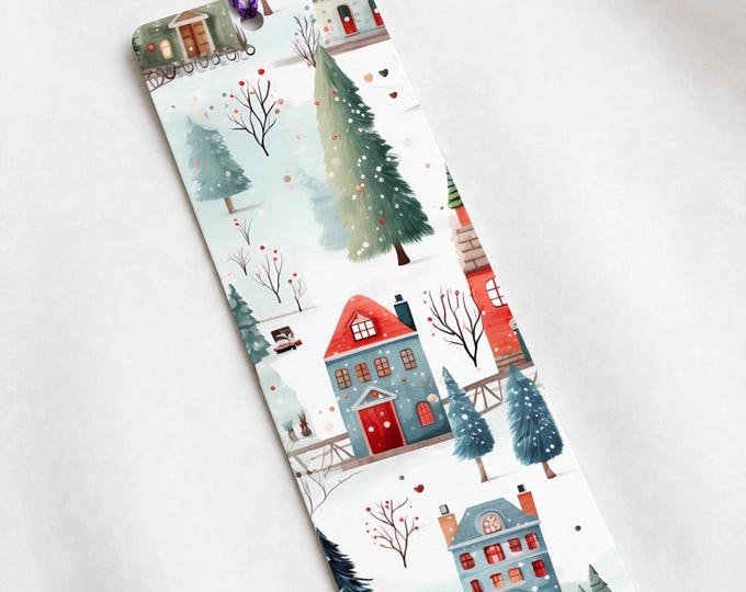 Teal Village Metal Bookmark with Tassel | Aluminum Bookmark | Watercolor Winter Village | Book Lover Gift