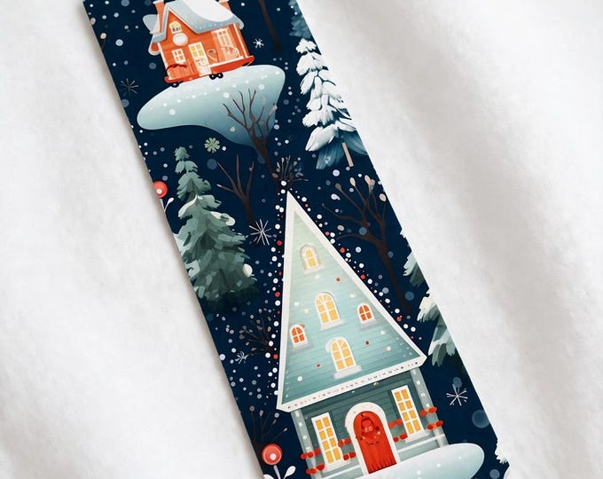 Night Cabin Metal Bookmark with Tassel | Aluminum Bookmark | Watercolor Winter Village Night | Book Lover Gift