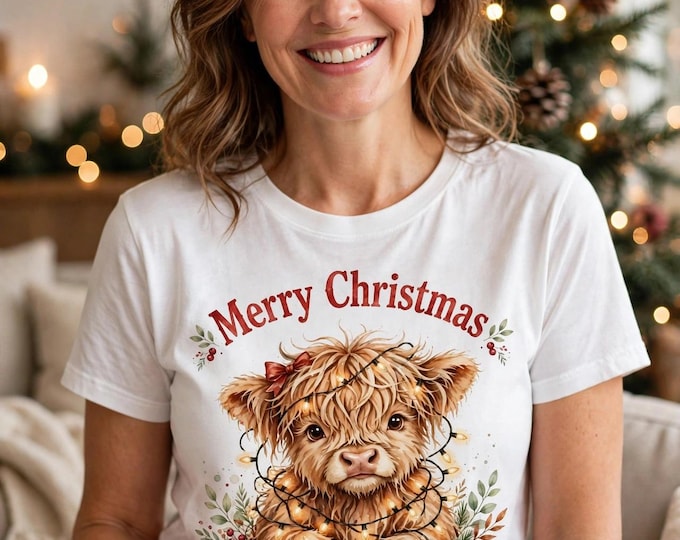 Christmas Highland Cow Shirt | Funny Watercolor Cow in String Lights Tee | Merry Christmas Farmhouse T-Shirt for Women | Holiday Gift Tee