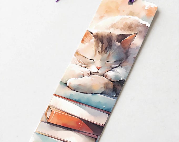 Sleeping Kitten on Books Metal Bookmark with Tassel — Cat Aluminum Bookmark, Book Lover Gift, Cat Mom Gift, Stocking Stuffer