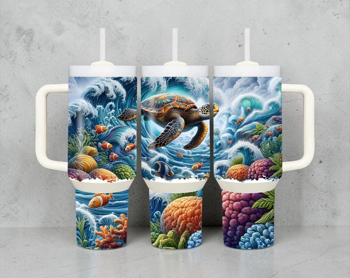 40 oz Sea Turtle Tumbler, Ocean Wave Beach Cup with Handle and Straw