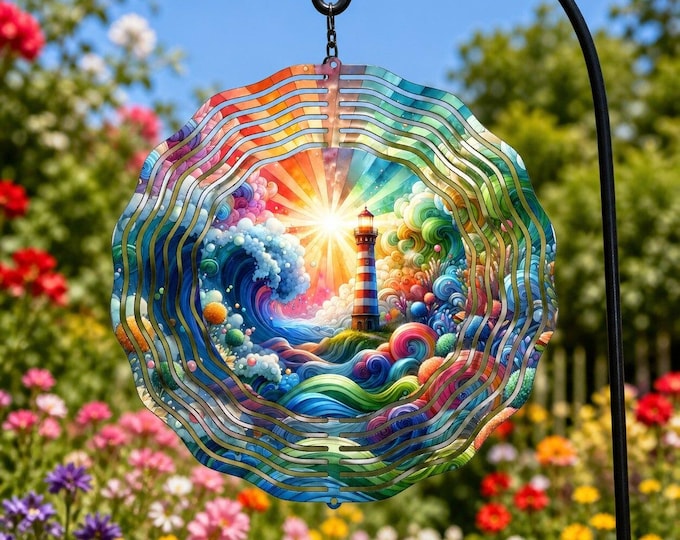 8" Colorful Lighthouse Wind Spinner | Coastal Garden Art, Ocean Waves, Rainbow Accents