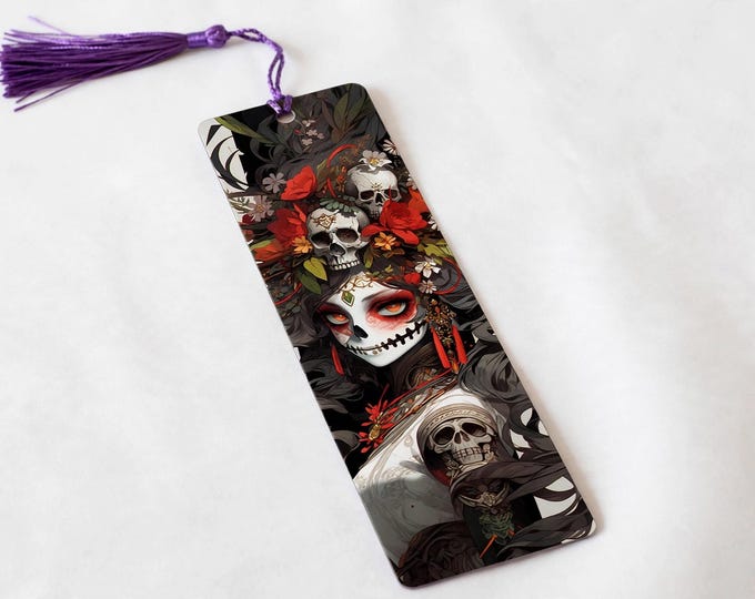 La Catrina Red Flowers Metal Bookmark with Tassel — Day of the Dead Aluminum Bookmark, Dia de los Muertos, Book Lover Gift