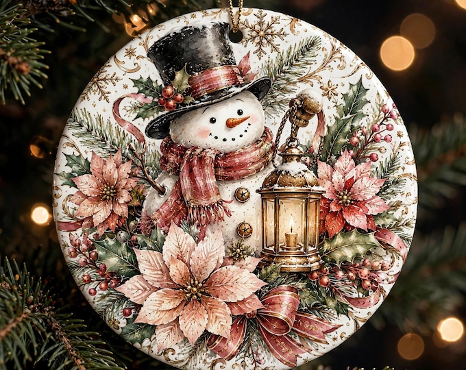 Snowman Christmas Ornament | Vintage Snowman Lantern Ornament | Double Sided MDF Christmas Tree Decoration | Winter Christmas Gift