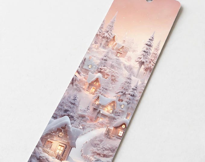 Pink Snow Village Metal Bookmark with Tassel | Aluminum Bookmark | Watercolor Winter Village | Book Lover Gift