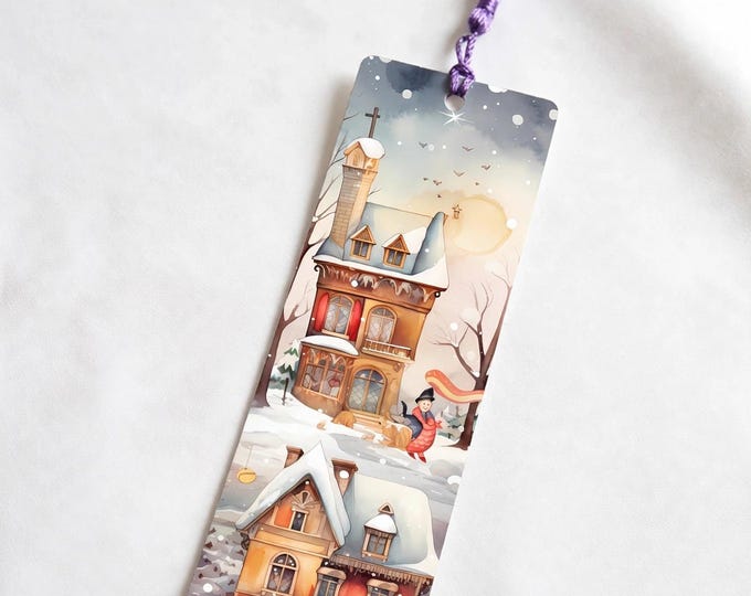 Snowy Cottages Metal Bookmark with Tassel | Aluminum Bookmark | Watercolor Winter Village | Book Lover Gift