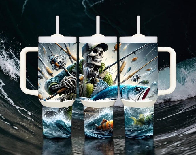 40 oz Tumbler with Handle | Skeleton Fishing, Fisherman Cup with Lid & Straw