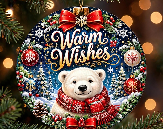 Polar Bear Christmas Ornament | Warm Wishes Ornament | Double Sided MDF Christmas Tree Decoration | Winter Christmas Gift