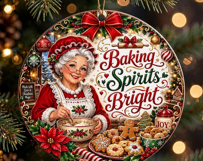 Mrs Claus Christmas Ornament | Baking Spirits Bright Ornament | Double Sided MDF Christmas Tree Decoration | Baker Christmas Gift