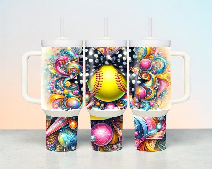 40 oz Softball Tumbler with Handle | Colorful Polka Dot Bow Sports Cup (Lid & Straw)
