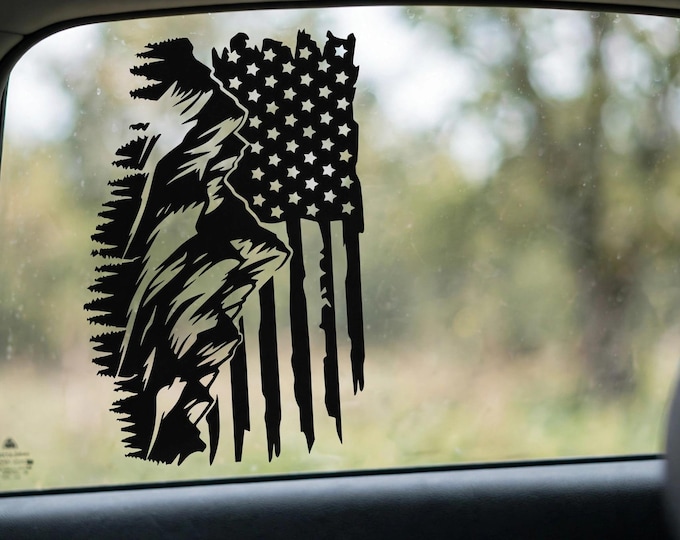Bigfoot Vinyl Car Decal | Sasquatch American Flag Window Sticker | Bigfoot Decal for Cars Trucks and SUVs