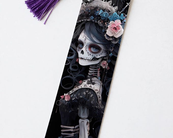 La Catrina in Black Lace Metal Bookmark with Tassel — Day of the Dead Aluminum Bookmark, Dia de los Muertos, Book Lover Gift