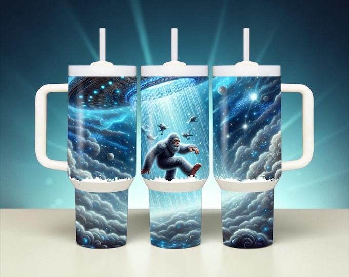 40 oz Stainless Steel Tumbler with Handle – UFO Bigfoot Alien Design (Insulated Cup)