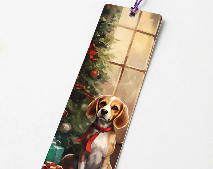 Beagle with Red Ribbon Metal Bookmark with Tassel — Christmas Dog Aluminum Bookmark, Book Lover Gift, Stocking Stuffer
