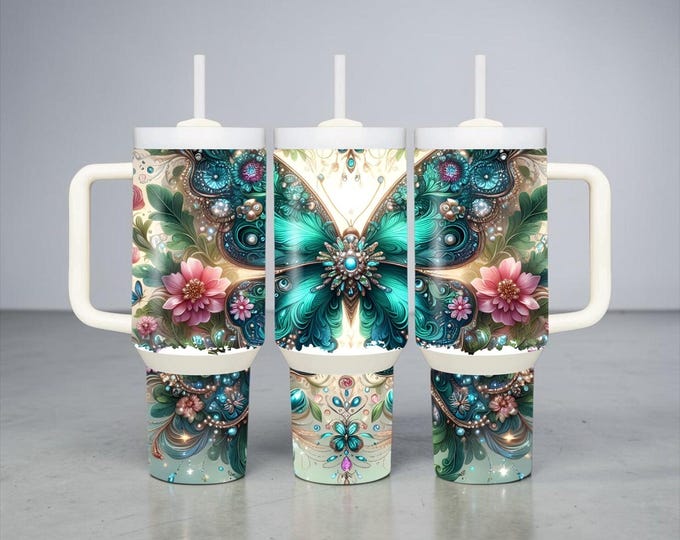 40 oz Teal Floral Butterfly Tumbler | Elegant Drinkware with Handle, Lid, Straw