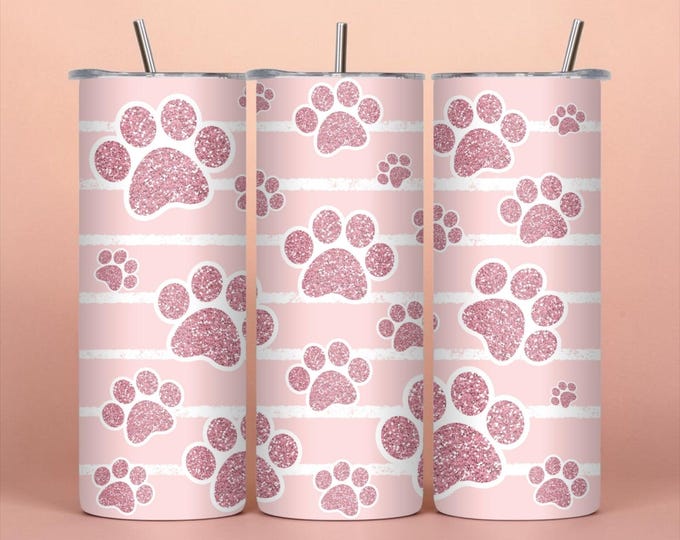 Pink Glitter Paw Print Tumbler 20 oz Skinny Cup Dog Mom Gift