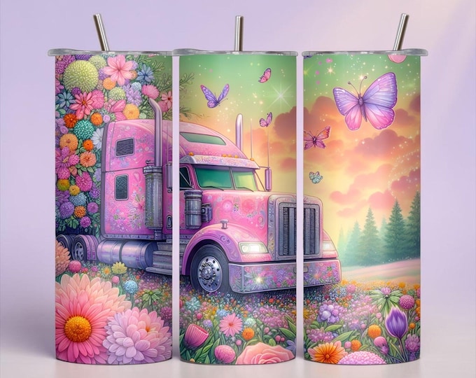 Pink Semi Truck Tumbler, Floral Truck Driver Gift, 20 oz Skinny Cup (Lid & Straw)