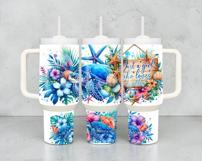 40 oz Sea Turtle Tumbler with Handle & Straw | Coastal Floral Gift