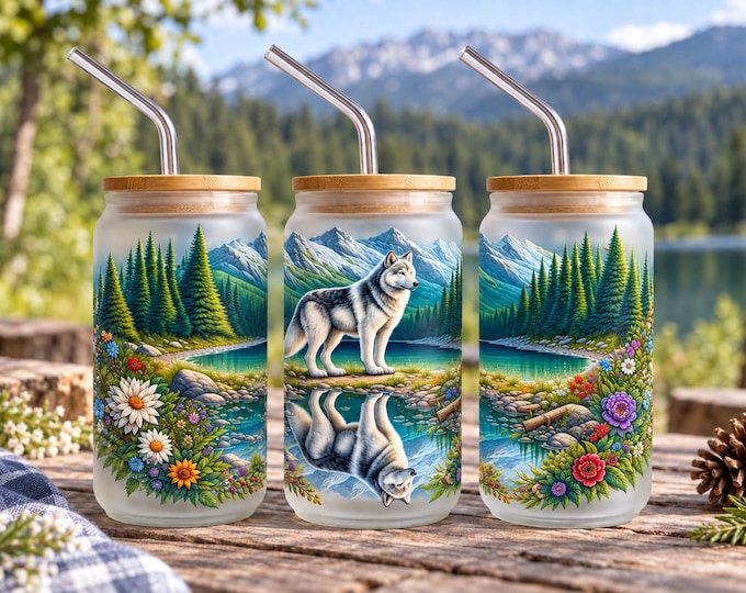 16oz Frosted Glass Can | Wolf Mountain Alpine Lake Glass Can Tumbler | Wildflower Drinkware Cup