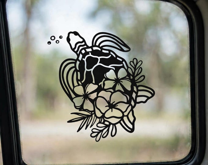Sea Turtle Vinyl Car Decal | Floral Turtle Window Sticker | Ocean Turtle Decal for Cars Trucks and Laptops