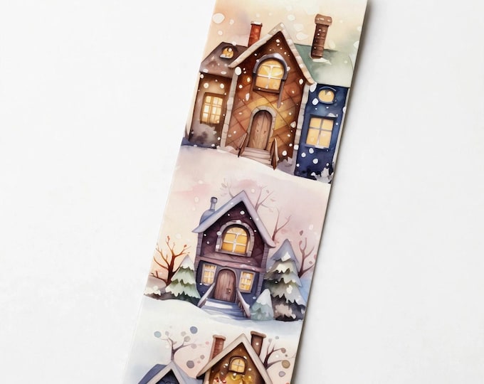 Three Cottages Metal Bookmark with Tassel | Aluminum Bookmark | Watercolor Winter Village | Book Lover Gift