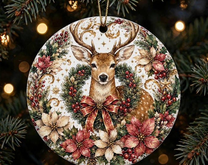 Deer Portrait Christmas Ornament | Deer Head Wreath Ornament | Double Sided MDF Christmas Tree Decoration | Woodland Christmas Gift