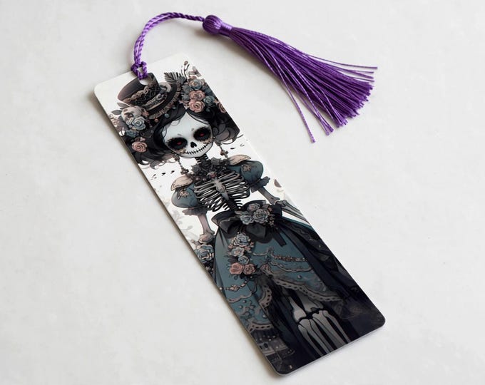 La Catrina Top Hat Metal Bookmark with Tassel — Day of the Dead Aluminum Bookmark, Dia de los Muertos, Book Lover Gift
