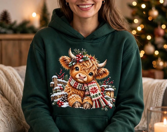 Highland Cow Christmas Hoodie | Cute Cow in Scarf Holiday Hoodie | Cozy Winter Farm Animal Gift for Cow Lovers