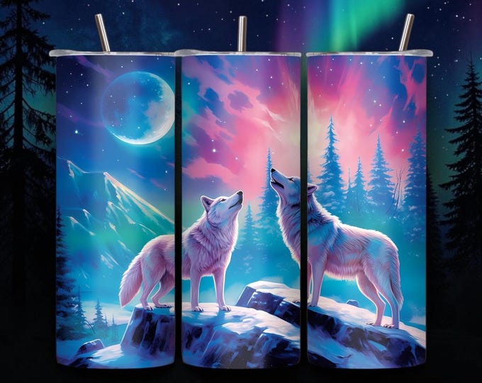 20 oz Wolf Tumbler | Moonlit Wolves, Night Sky, Mountains (Lid, Straw)