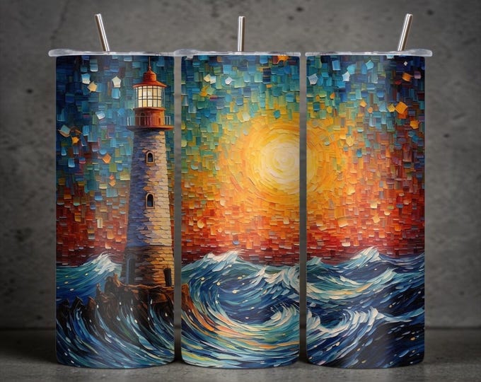 Lighthouse Ocean Wave Tumbler | Mosaic Coastal Art (20 oz)