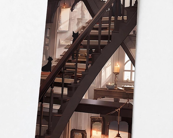 Cats on the Library Staircase Metal Bookmark with Tassel — Cat Aluminum Bookmark, Book Lover Gift, Cat Mom Gift, Stocking Stuffer