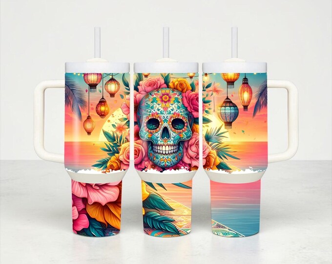 Tropical Sugar Skull 40 oz Tumbler – Floral Beach Cup with Handle (Insulated Stainless Steel)