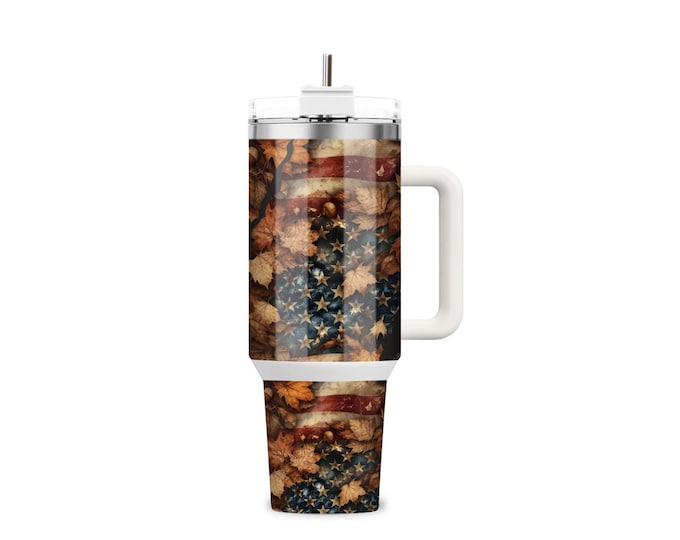40 oz Patriotic Deer Tumbler with Handle | American Flag Fall Hunting Cup | Gift for Outdoorsman