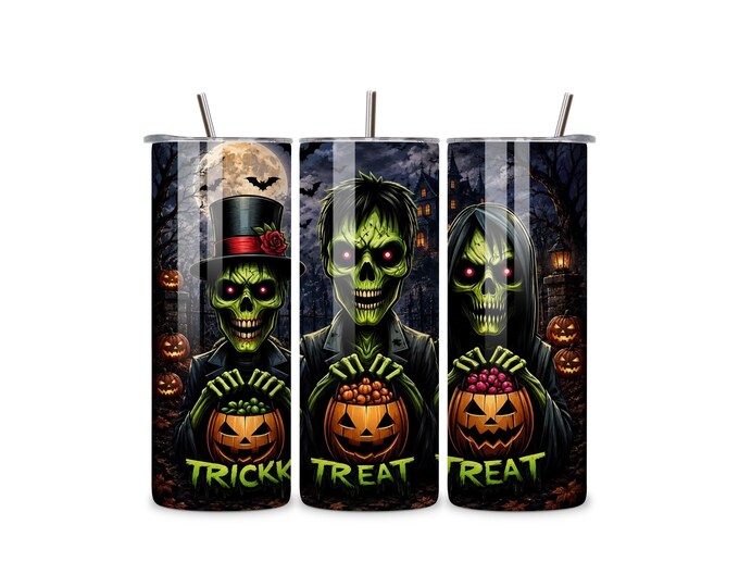 Halloween Tumbler 20oz Skinny | Spooky Skeleton Trick or Treat Tumbler Cup | Creepy Skull Drinkware Gift