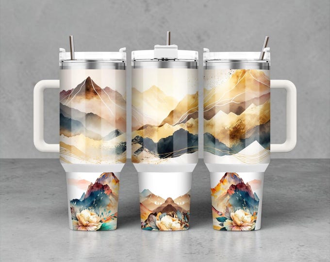 40 oz Tumbler with Handle - Watercolor Mountain Landscape - Insulated Stainless Steel Nature Cup