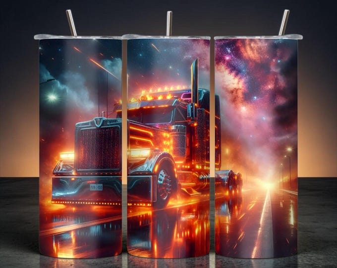 Semi Truck Tumbler 20 Oz Night Road Truck Driver Gift Skinny Cup With Lid & Straw