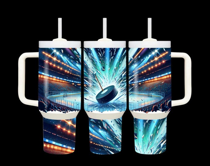 40 oz Hockey Arena Tumbler | Ice Puck Sports Cup with Handle & Straw