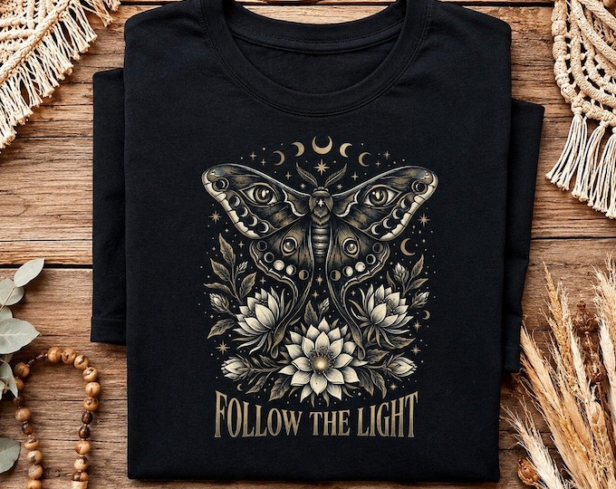 Moth T-Shirt Follow The Light | Vintage Celestial Moon Phases Shirt | Boho Nature Tee