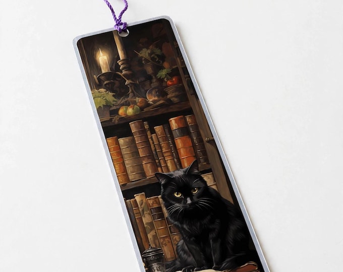 Black Cat in the Old Library Metal Bookmark with Tassel — Cat Aluminum Bookmark, Book Lover Gift, Cat Mom Gift, Stocking Stuffer