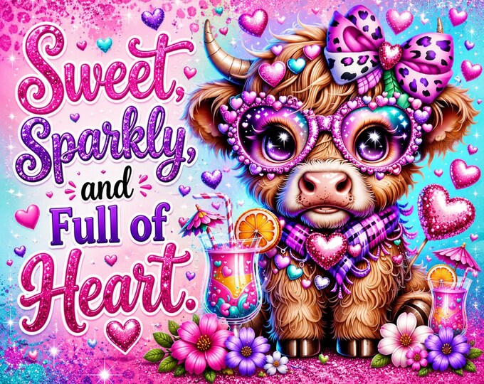 Highland Cow Tumbler Wrap | Sweet Sparkly 20oz Skinny Tumbler Sublimation Design | Digital Download PNG