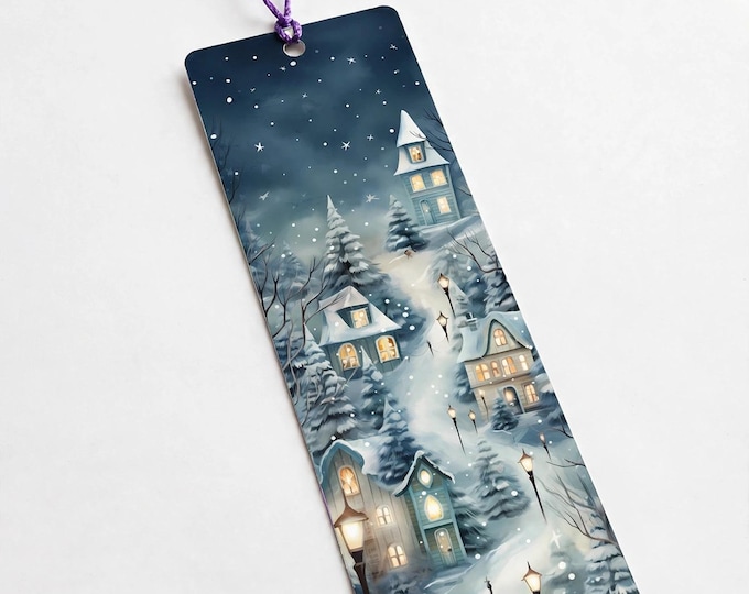 Village Night Metal Bookmark with Tassel | Aluminum Bookmark | Watercolor Snowy Village | Book Lover Gift