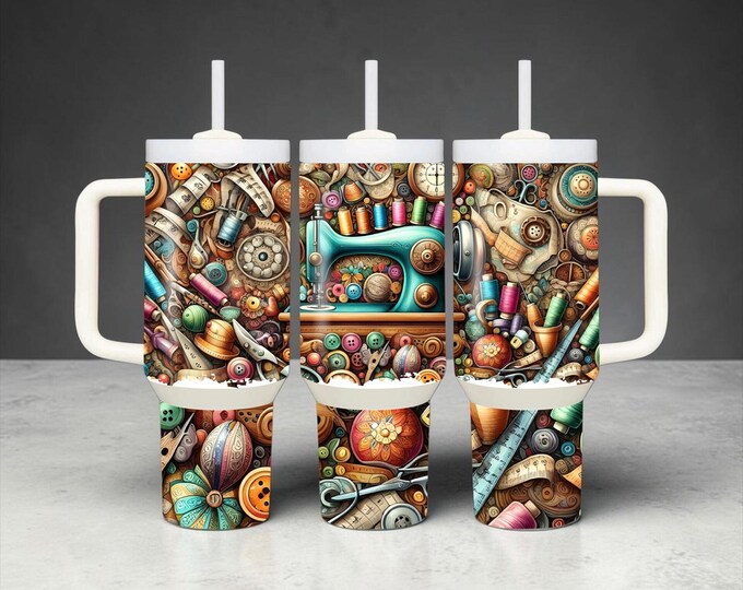 40 oz Tumbler with Handle | Sewing Machine Craft Lover, Seamstress Gift with Lid & Straw
