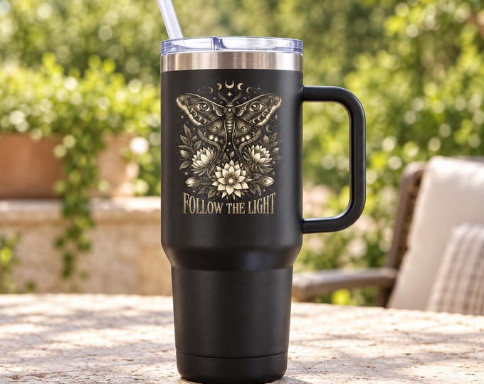 Celestial Moth Tumbler | 40 oz Handle, Straw, Moon Phase Design