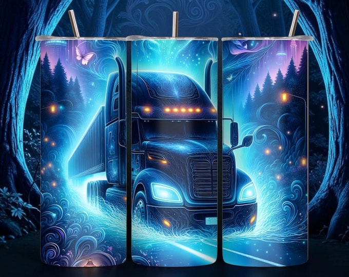 20 oz Skinny Tumbler | Blue Glow Semi Truck Design | Truck Driver Gift
