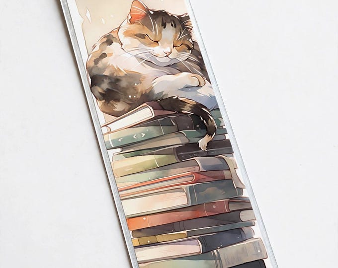 Calico Cat on a Tall Book Stack Metal Bookmark with Tassel — Cat Aluminum Bookmark, Book Lover Gift, Cat Mom Gift, Stocking Stuffer