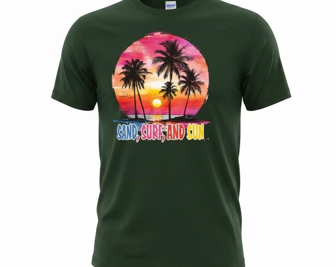 Sand Surf and Sun T-Shirt | Tropical Sunset Palm Tree Graphic Tee | Beach Vacation Shirt